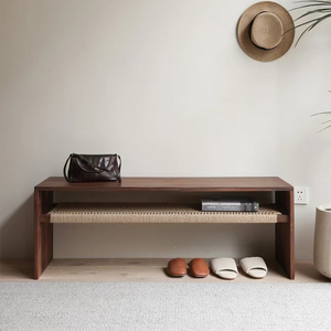 Walnut Entryway Bench with Storage Shelf